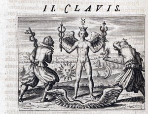 Composição simbólica da alquimia, um jovem nu, asa e coroa, brande dois caduceus, rodeados pela Lua e pelo Sol, voltados para homens armados de espadas portando uma águia e uma serpente - Gravura de Theodore de Bry (1528 -1598), para o tratado de alc
