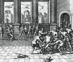 Imperador inca Atahualpa sendo garroteado pelas tropas de Pizarro, 26 de julho