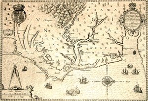 Mapa de 1590 gravado por Theodore de Bry após aguarela pelo colonizador inglês John White, governador de Roanoke. Virgínia e costa com pequenas ilhas e Roanoke na foz do rio. Terra nativa Secotan e Weapemeoc. de Theodor de Bry