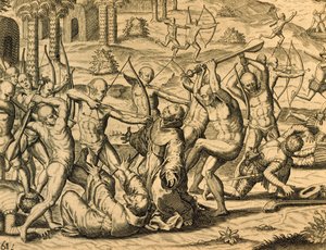 Martírio dos monges missionários na América do Sul, gravura de Historia americae, de Theodor de Bry (1528-1598), Frankfurt
