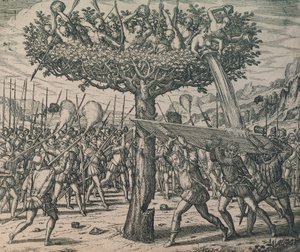 Nativos escondidos nas árvores lutando contra os conquistadores de Theodor de Bry