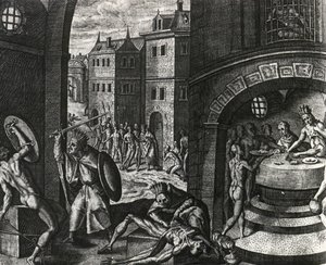 Sacerdote mata vítima de luta falsa e depois esfola corpo, México, gravura de Peregrinationes, de Theodor de Bry (1528-1598), América Central de Theodor de Bry