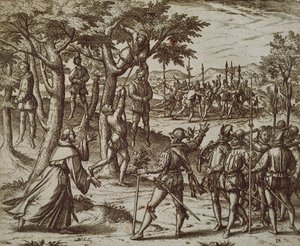 Sentença de enforcamento de alguns homens de Cristóvão Colombo no Novo Mundo, por Theodore de Bry