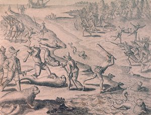 Abate de leões marinhos por exploradores de Theodor de Bry