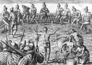 Índio Timucua com exploradores franceses de Theodor de Bry