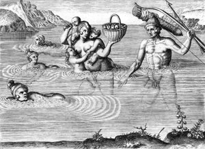 Família de índios timucuanos atravessando um rio de Theodor de Bry