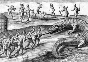 Índios timucuanos caçando jacaré de Theodor de Bry