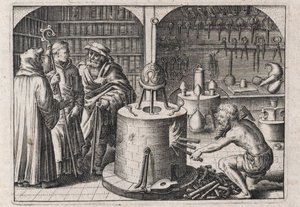 Três estudiosos conversam na oficina de alquimia, com forno e instrumentos - Gravura de Theodore de Bry (1528-1598), para o tratado de alquimia ""Tripus avreus, hoc est, Tres tractatus chymici selectissimi"" de Michael Maier (1569-1622)