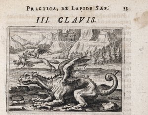 Um dragão, ao fundo, um lobo ladrão de galinhas, atacado por um galo - Gravura de Theodore de Bry (1528-1598), para o tratado de alquimia ""Tripus avreus, hoc est, Tres tractatus chymici selectissimi"" de Michael Maier (1569-1622) de Theodor de Bry