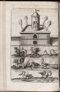 Um forno de alquimia e animais simbólicos da alquimia - Gravura de Theodore de Bry (1528-1598), para o tratado de alquimia ""Tripus avreus, hoc est, Tres tractatus chymici selectissimi"" de Michael Maier (1569 -1622)