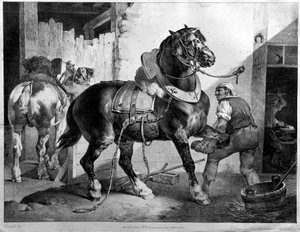 Montagem de um cavalo de tracção (litografia) de Theodore (after) Gericault