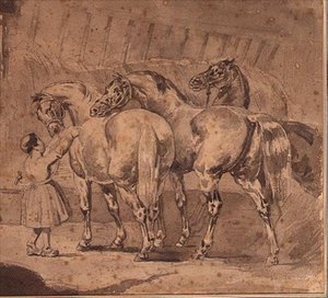 Menina alimentando cavalos num estábulo (lápis e lavagem cinzenta)