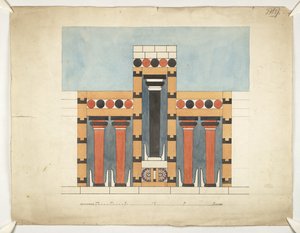 Pintura reimaginando o Santuário Central Tripartido no Tribunal Central do Palácio de Minos em Knossos (Evans Architectural Plans WW/15) de Theodore Fyfe