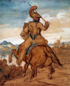 Mosquetão ou cuirassier a cavalo Watercolour, guache, lavagem por Theodore Gericault (1791-1824) Sol do século XIX. 0,25x0,22 m Paris, musee du Louvre de Theodore Gericault