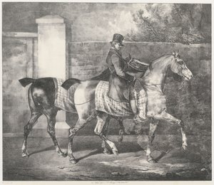 Dois cavalos a serem passeados por um jóquei (Um tratador a exercitar dois cavalos) de Theodore Gericault