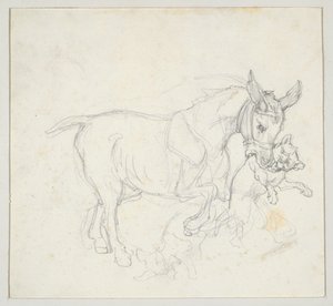 Burro a segurar um cão na boca (anverso); Estudo de veados perseguidos por cães, cabeça de corça (verso) de Theodore Gericault