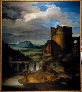 Grande paisagem da Itália Paisagem de ruínas, torre e ponte, por Theodore Gericault (1791-1824) Século XIX de Theodore Gericault