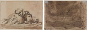 Géricault - Homem agarrado a um cavalo na água, segundo o Dilúvio de Poussin (anverso); Estudo de composição (possivelmente para o Dilúvio de Poussin) (verso), c. 1816 de Theodore Gericault