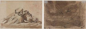Homem segurando um cavalo na água, após "Dilúvio" de Poussin (reto); Estudo Composicional? (possivelmente para "Dilúvio de Poussin") (verso) de Theodore Gericault