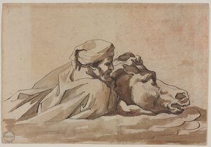 Homem agarrado a um cavalo na água, segundo "Dilúvio" de Poussin (frente), c. 1816 (caneta e tinta castanha e pincel e lavagem castanha sobre grafite) de Theodore Gericault