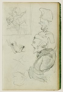 Estudos de leão, estudo de composição de figuras de grupo, dois estudos de cabeças caricaturais de Theodore Gericault