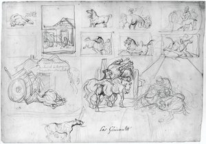 Estudo de cavalos (frente); Uma carroça seguida por um porta-cartaz (verso) de Theodore Gericault