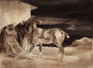 Dois cavalos e um noivo adormecido, c.1822-1823 de Theodore Gericault