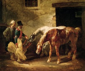 Dois cavalos de post na porta de um estábulo