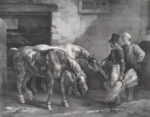 Dois cavalos de correio na porta de um estábulo, 1822. de Theodore Gericault
