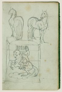 Dois cavalos em pé, um homem a montar um cavalo empinado de Theodore Gericault