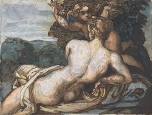 Vênus e Cupido em uma paisagem, após Annibale Carracci reto, 1816-17. de Theodore Gericault