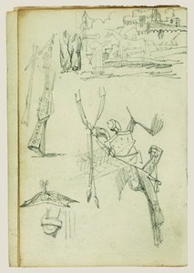 Estudos de armas, estudo composicional de uma cena num castelo de Theodore Gericault