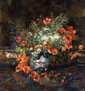 Papoilas, margaridas, botões de ouro e outras flores em um vaso japonês Imari