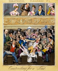 Contendendo por um Assento, placa 2 de &39;Prazeres Teatrais&39;, 1827 (gravura colorida à mão)
