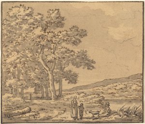 Uma paisagem com três figuras e um cachorro de Theodore Rousseau