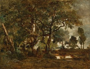 Floresta de Fontainebleau, aglomerado de árvores altas com vista para a planície de Clair-Bois no limite de Bas-Bréau de Theodore Rousseau