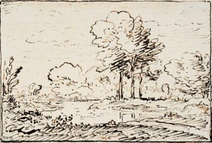 Paisagem com três árvores altas por uma margem do rio de Theodore Rousseau
