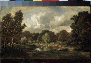Vacas no local de rega. Pintura por Theodore Rousseau (1812-1867). Óleo sobre madeira