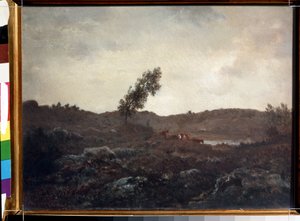 Vista de Barbizon. Pintura por Theodore Rousseau (1812-1867). Óleo sobre madeira, 24 x 32 cm, final de 1840. Escola Francesa de Barbizon. Pushkin Museum of Fine Arts, Moscovo.