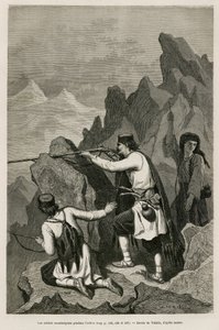 Os soldados montenegrinos durante a acção, durante a Guerra de 1876, durante a qual a Sérvia e Montenegro declararam guerra à Turquia otomana, desenhada por Valerio, para ilustrar a viagem a Montenegro em 1874 por Charles Yriarte (1832-1898). Gravura em Le