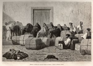 Quando as caravanas turcas chegam à Alfândega Sebenico (Sérvia), os viajantes comerciais descarregam os fardos da parte de trás dos camelos para verificar a quantidade e a natureza da mercadoria. Gravura após o desenho de Theodore Valerio, para ilustrar um