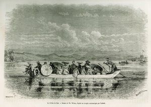 Um barco no rio Hue (Vietname), desenhado por Th. Weber, para ilustrar a história de oito dias de embaixada em Hue (Reino de Annam), em 1875, pelo Sr. Brossard de Corbigny, tenente (N), ligado à missão. Gravação em Le tour du monde