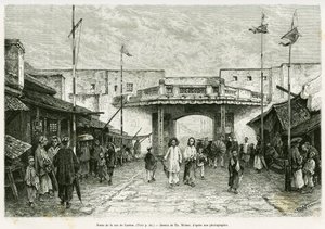 Canton Street Gate em Hanoi. Gravação de Th. Weber, a partir de uma fotografia, para ilustrar a história Trente mois au Tonkin em 1884, do Doutor Hocquard, no tour du monde 1889, sob a direção de Edouard Charton (1807-1890), Hachette, Paris.