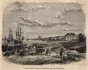 La rade de Saigon, gravado após um desenho de T. Weber, ilustrando a viagem a Cochinchine, do Dr. Morice, em 1872, publicado em "Le tour du monde" 1875, editado por Edouard Charton, edição Hachette, Paris. Coleção Selva.