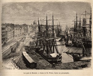 Les quais de Montreal, gravura após um desenho de Th. Weber, ilustrando a excursão ao Canadá e a Riviere Rouge du nord, de H. De Lamotte, em 1873, publicado em "Le tour du monde" 1875, editado por Edouard Charton, edição Hachette, Paris. Selv de Theodore Weber
