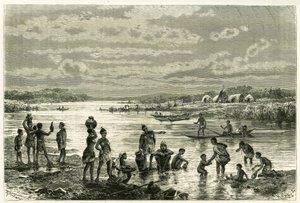 A vida nas margens do rio Zambeze, os marutses estão muito preocupados com a sua limpeza e a lavagem para eles é uma actividade de primeira necessidade. Gravação de Th. Weber, para ilustrar a história "Au pays des Marutses", em 1875-1879, do Dr. Emile Holu de Theodore Weber