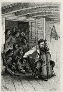 Retrato do autor viajante, tocando violoncelo e atraindo um público de curiosos. Gravura de Th.Weber, para ilustrar a história "Les Iles Wallis", do Dr. Emile Deschamps, médico major da 80ª infantaria. Publicado em Le Tour du monde, nou de Theodore Weber