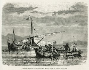 Pescadores espongiformes no Golfo de Nafplio, desenho de Th. Weber, para ilustrar a história de uma viagem à Grécia em 1861.1868 e 1874, de Henri Belle. Gravura em Le tour du monde