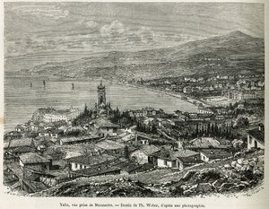A cidade de Ialta, tomada de Massandra, desenho de Th.Weber, para ilustrar a história Quatro Meses na Rússia, em 1876, de F. De Mely. Gravura em Le tour du monde de Theodore Weber