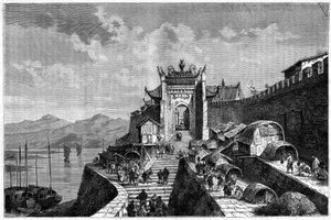 Vista da Porta de Xangai no Rio Huangpu, China, nos anos 1870-1880. Gravura após um desenho de Weber, em "Le Tour du Monde, Nouveau journal des Voyages", editado por Edouard Charton, Paris